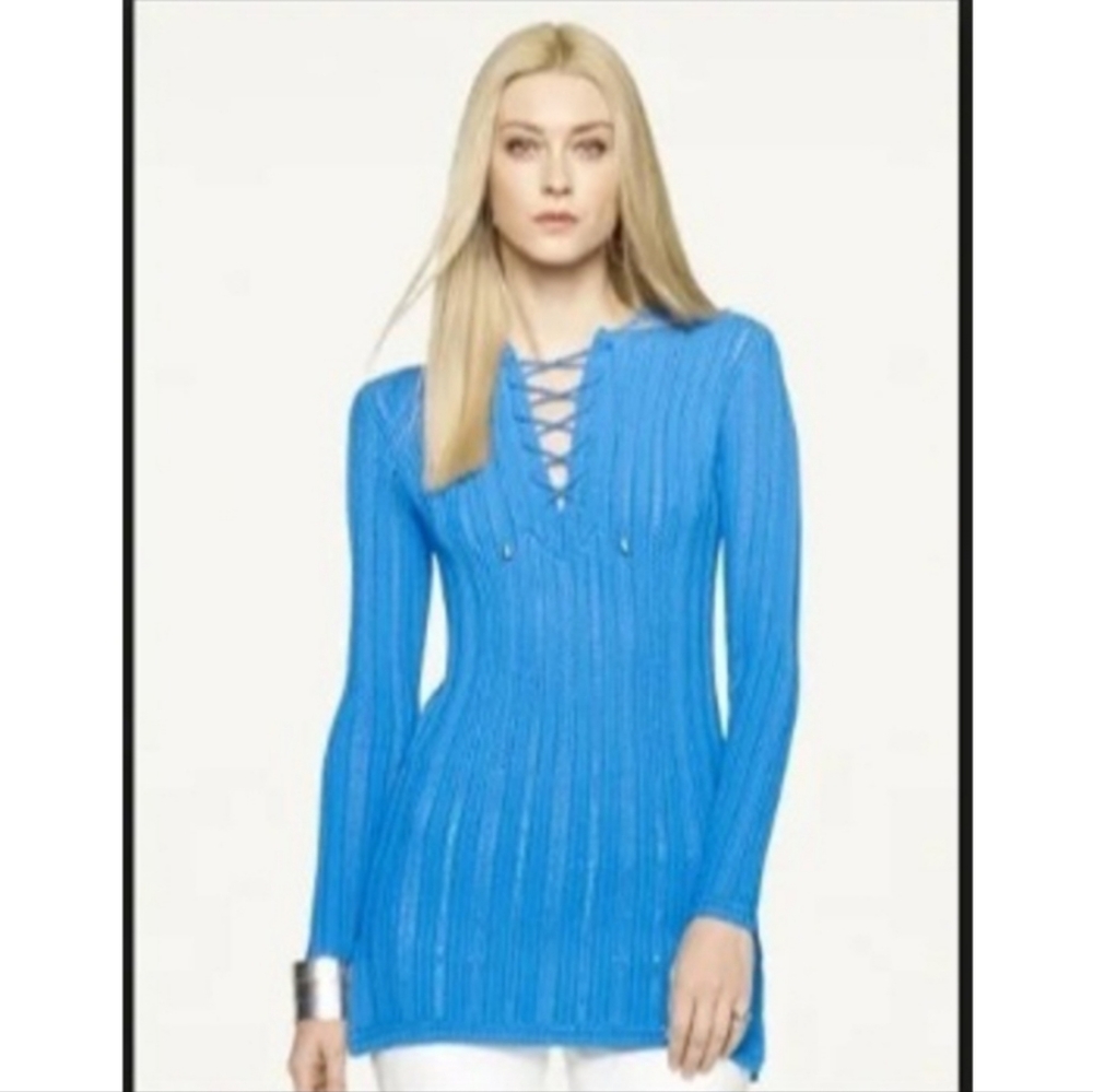 Ralph Lauren Blue Open Knit Lace Up Long Sleeve Tunic Top Size Small